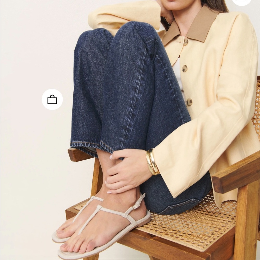 Reformation Cream Linen Thea T-Strap Women's Sandals Brand New! - Picture 2 of 9